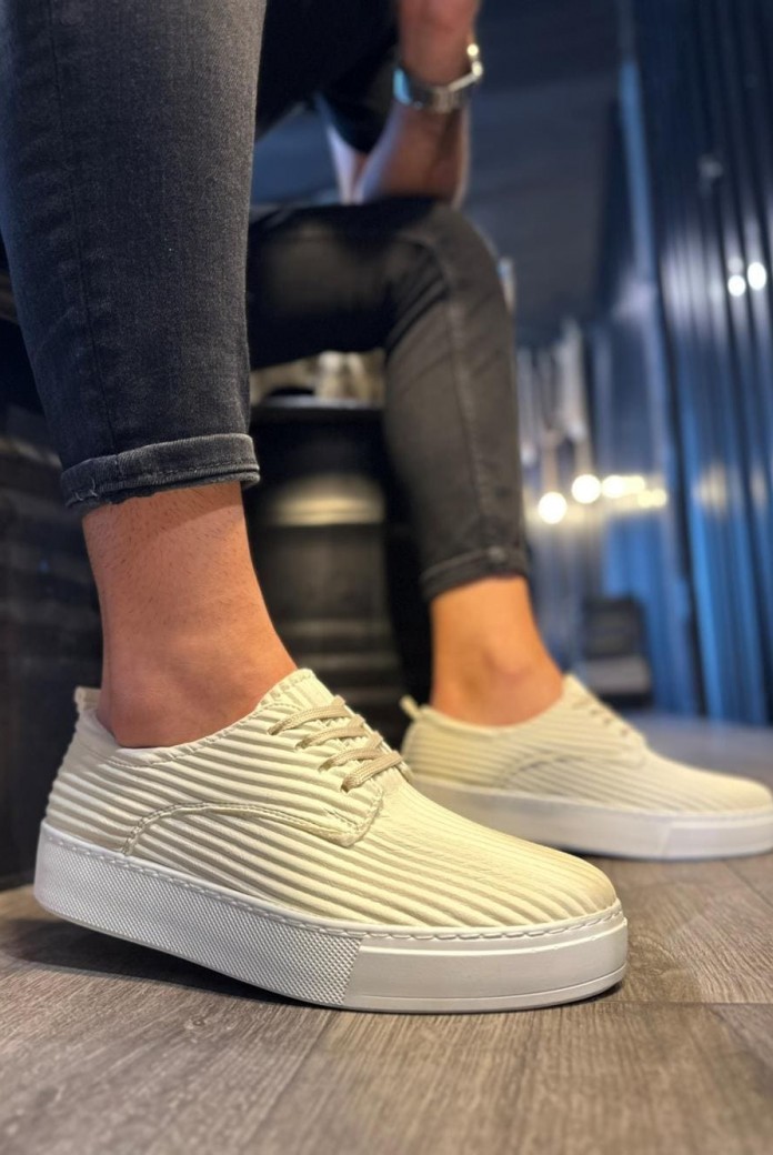 KN076 Erkek Günlük Bağcıklı Fitilli Desenli Cilt Spor Sneaker Ayakkabı CBT - Beyaz