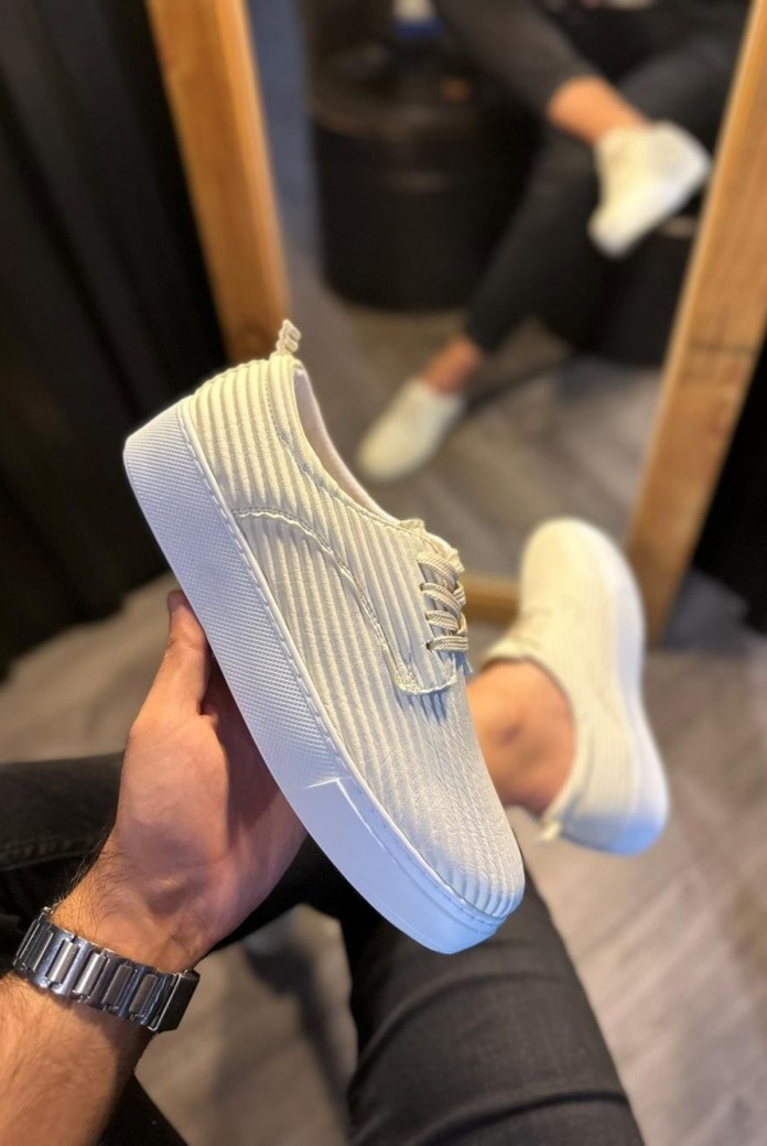 KN076 Erkek Günlük Bağcıklı Fitilli Desenli Cilt Spor Sneaker Ayakkabı CBT - Beyaz