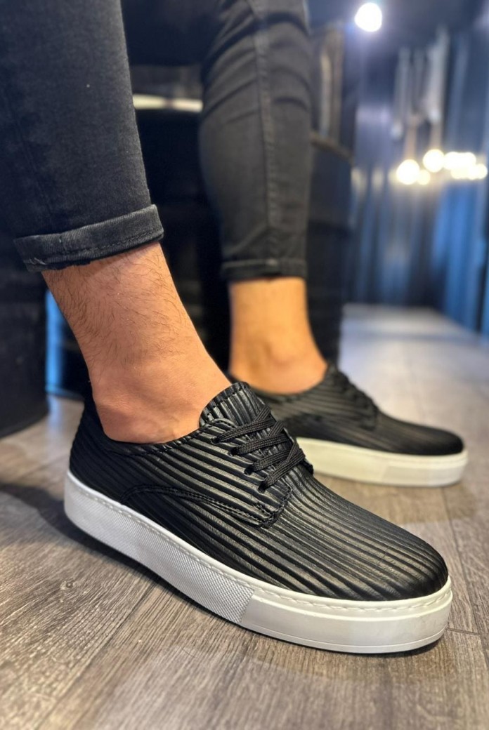 KN076 Erkek Günlük Bağcıklı Fitilli Desenli Cilt Spor Sneaker Ayakkabı CBT - Siyah