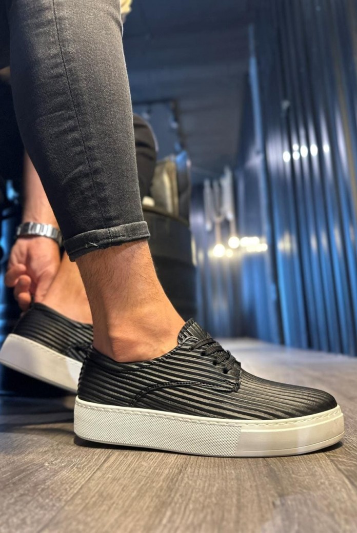 KN076 Erkek Günlük Bağcıklı Fitilli Desenli Cilt Spor Sneaker Ayakkabı CBT - Siyah