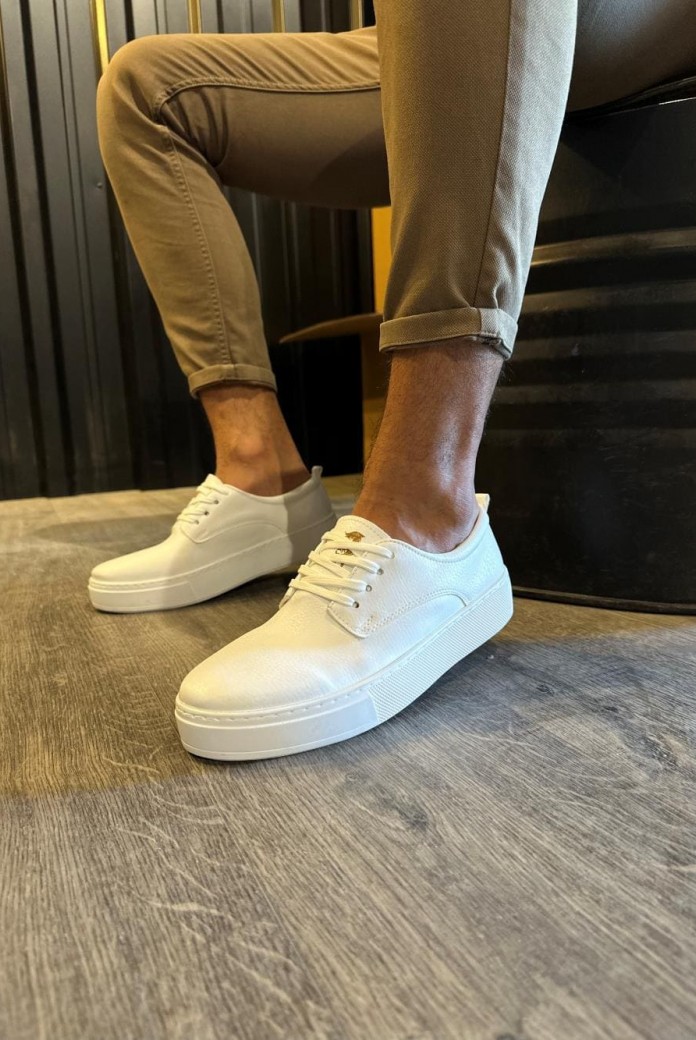 KN077 Erkek Günlük Bağcıklı Cilt Spor Sneaker Ayakkabı CBT - Beyaz