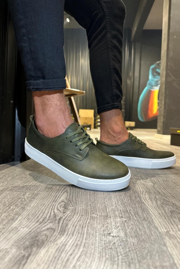 KN077 Erkek Günlük Bağcıklı Cilt Spor Sneaker Ayakkabı CBT - Haki