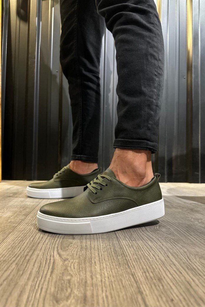 KN077 Erkek Günlük Bağcıklı Cilt Spor Sneaker Ayakkabı CBT - Haki