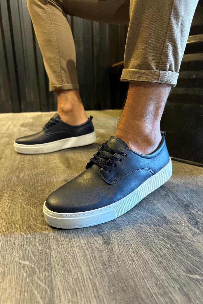 KN077 Erkek Günlük Bağcıklı Cilt Spor Sneaker Ayakkabı CBT - Lacivert
