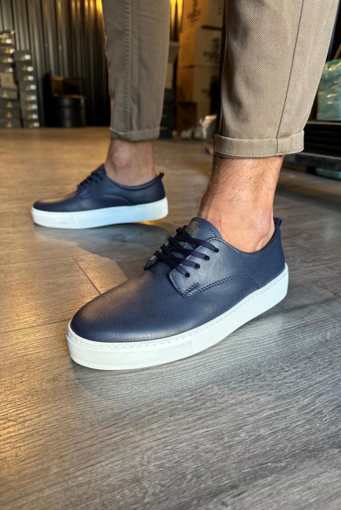 KN077 Erkek Günlük Bağcıklı Cilt Spor Sneaker Ayakkabı CBT - Lacivert