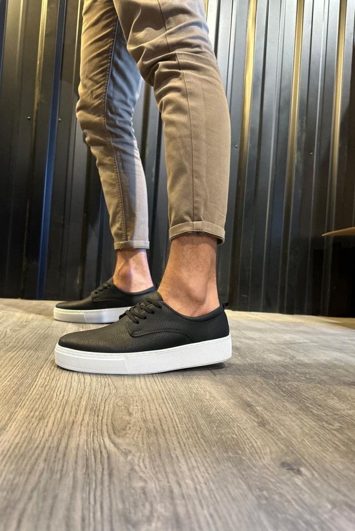 KN077 Erkek Günlük Bağcıklı Cilt Spor Sneaker Ayakkabı CBT - Siyah
