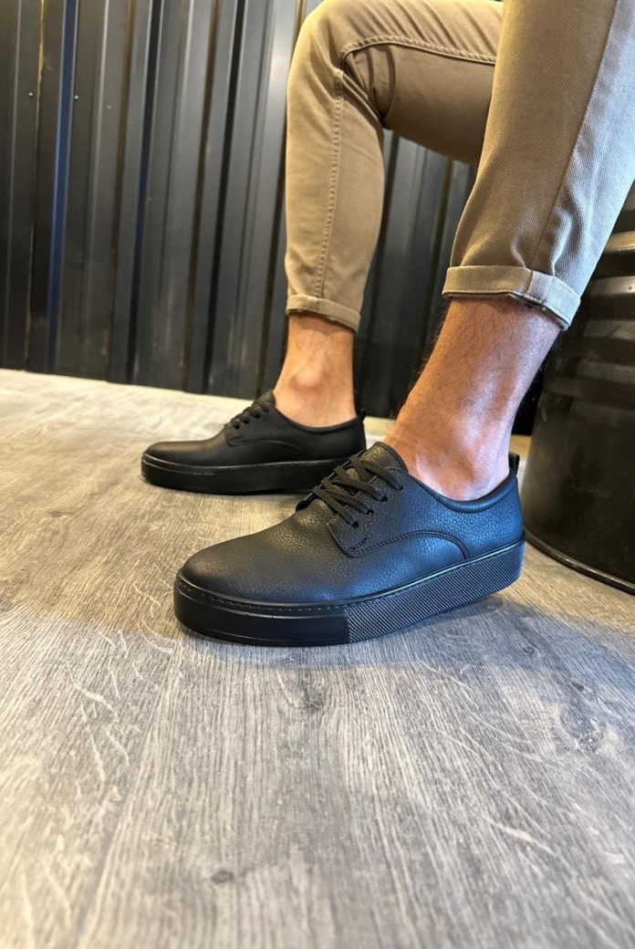 KN077 Erkek Günlük Bağcıklı Cilt Spor Sneaker Ayakkabı CST - Siyah
