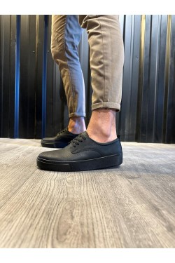 KN077 Erkek Günlük Bağcıklı Cilt Spor Sneaker Ayakkabı CST - Siyah