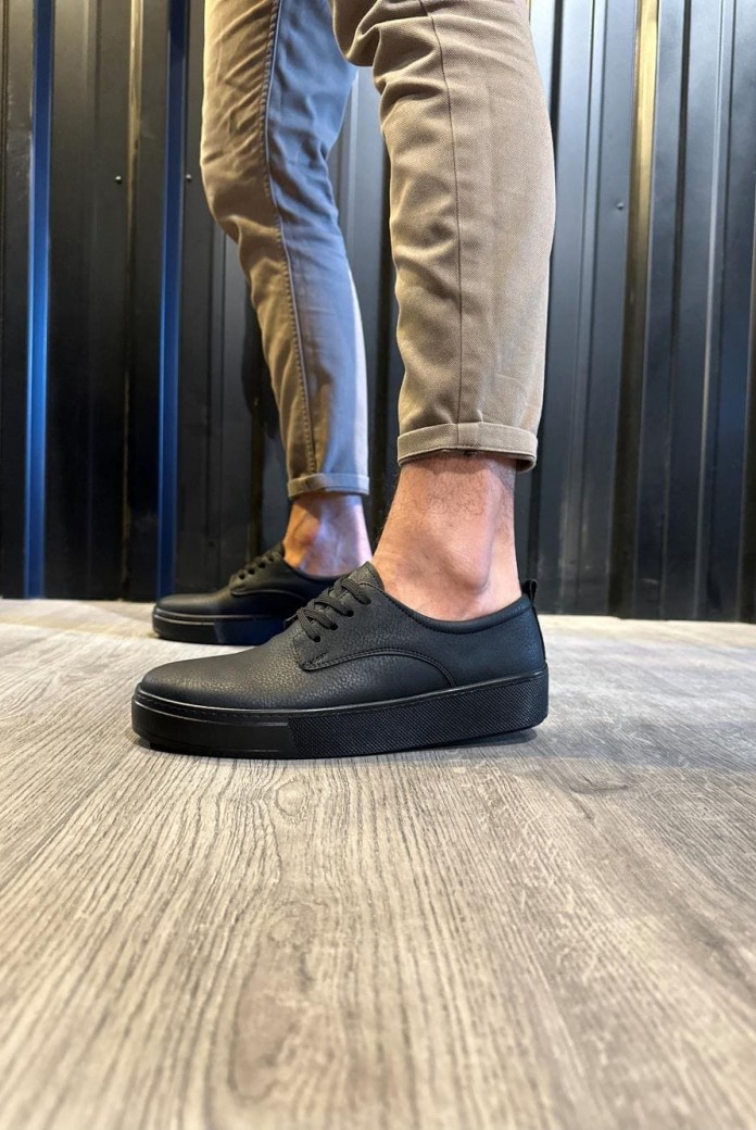 KN077 Erkek Günlük Bağcıklı Cilt Spor Sneaker Ayakkabı CST - Siyah