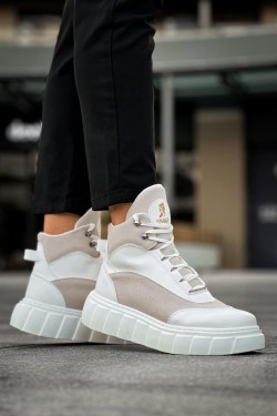 KN104 Erkek Spor Günlük Bağcıklı Cilt Süet Bot CSBT - Beyaz