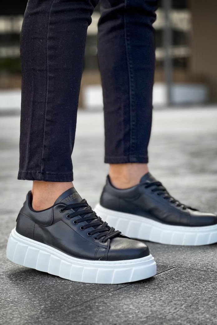KN144 Erkek Günlük Bağcıklı Cilt Spor Sneaker Ayakkabı CBT - Siyah