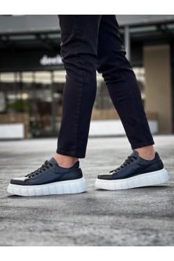 KN144 Erkek Günlük Bağcıklı Cilt Spor Sneaker Ayakkabı CBT - Siyah