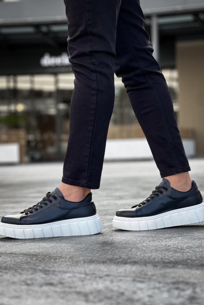 KN144 Erkek Günlük Bağcıklı Cilt Spor Sneaker Ayakkabı CBT - Siyah