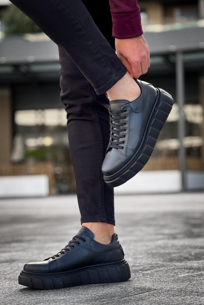 KN144 Erkek Günlük Bağcıklı Cilt Spor Sneaker Ayakkabı CST - Siyah