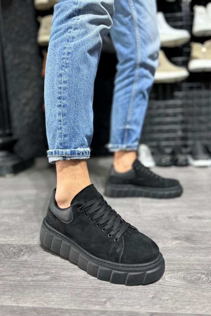 KN144 Erkek Günlük Bağcıklı Süet Spor Sneaker Ayakkabı SST - Siyah