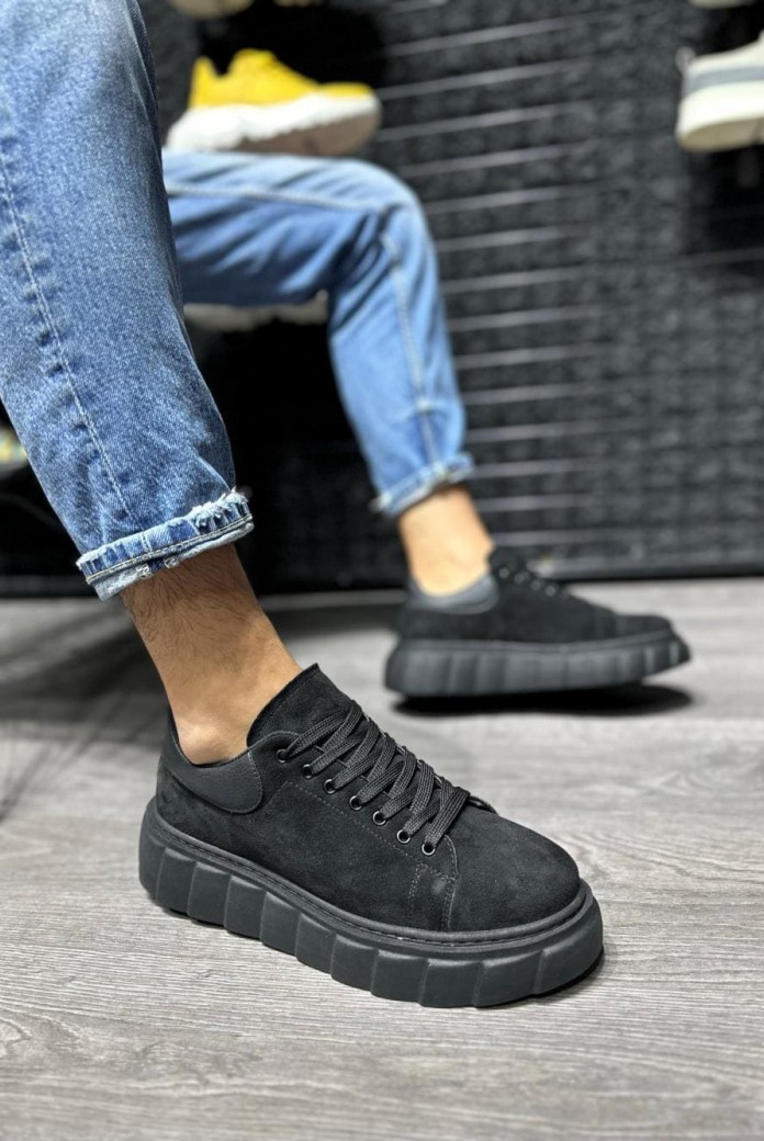 KN144 Erkek Günlük Bağcıklı Süet Spor Sneaker Ayakkabı SST - Siyah