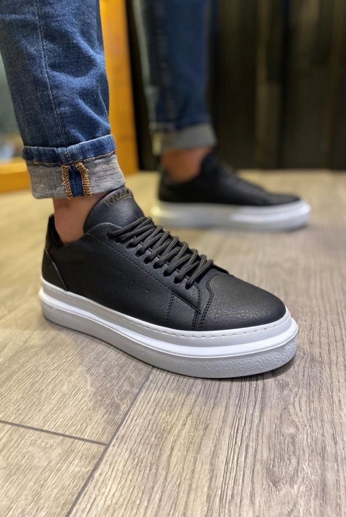 KN421 Erkek Günlük Bağcıklı Cilt Spor Sneaker Ayakkabı CBT - Siyah