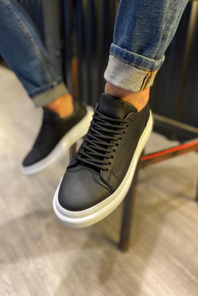 KN421 Erkek Günlük Bağcıklı Cilt Spor Sneaker Ayakkabı CBT - Siyah