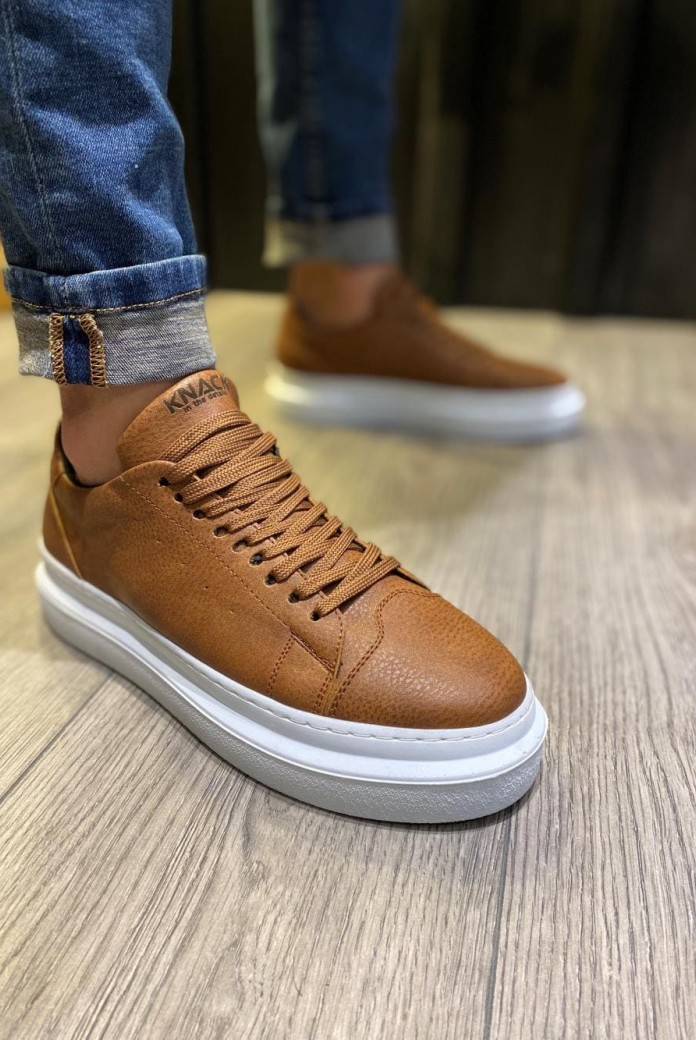 KN421 Erkek Günlük Bağcıklı Cilt Spor Sneaker Ayakkabı CBT - Taba