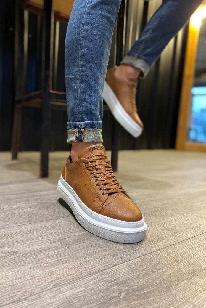 KN421 Erkek Günlük Bağcıklı Cilt Spor Sneaker Ayakkabı CBT - Taba