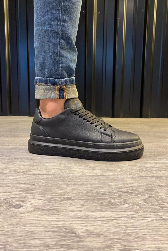 KN421 Erkek Günlük Bağcıklı Cilt Spor Sneaker Ayakkabı CST - Siyah
