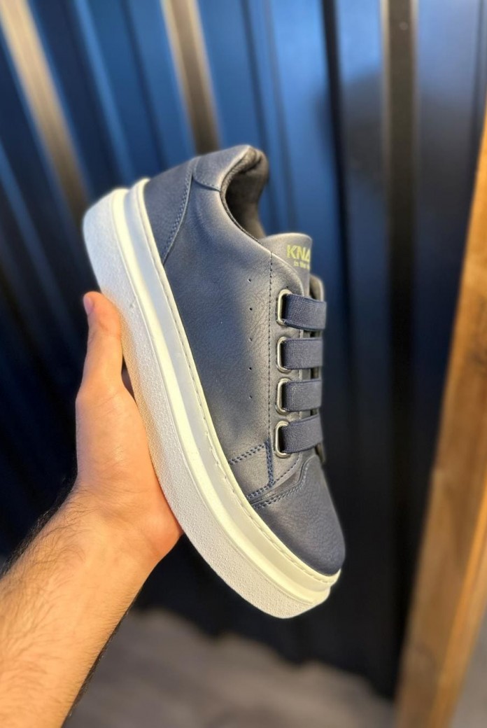 KN521 Erkek Günlük Lastikli Cilt Spor Sneaker Ayakkabı CBT - Lacivert