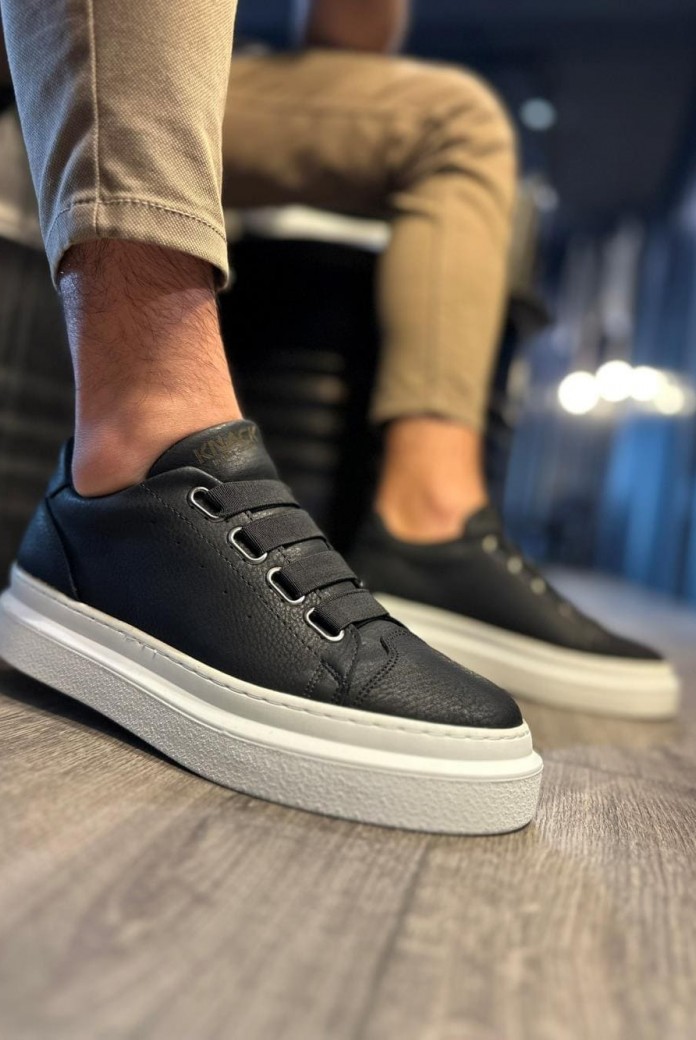 KN521 Erkek Günlük Lastikli Cilt Spor Sneaker Ayakkabı CBT - Siyah