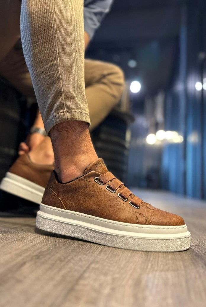 KN521 Erkek Günlük Lastikli Cilt Spor Sneaker Ayakkabı CBT - Taba