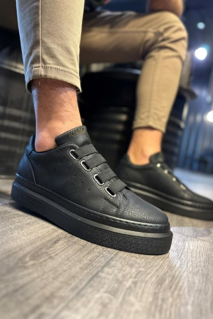 KN521 Erkek Günlük Lastikli Cilt Spor Sneaker Ayakkabı CST - Siyah