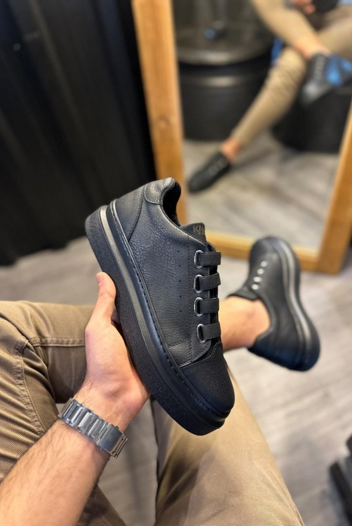 KN521 Erkek Günlük Lastikli Cilt Spor Sneaker Ayakkabı CST - Siyah