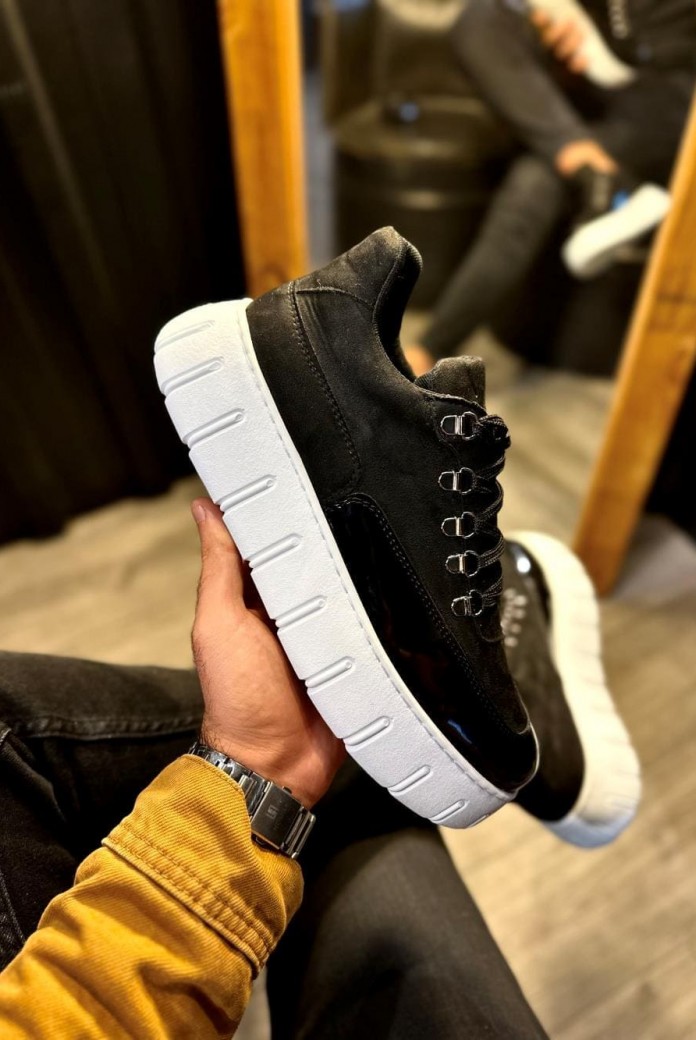 KN600 Erkek Günlük Bağcıklı Süet Cilt Spor Sneaker Ayakkabı SCBT - Siyah