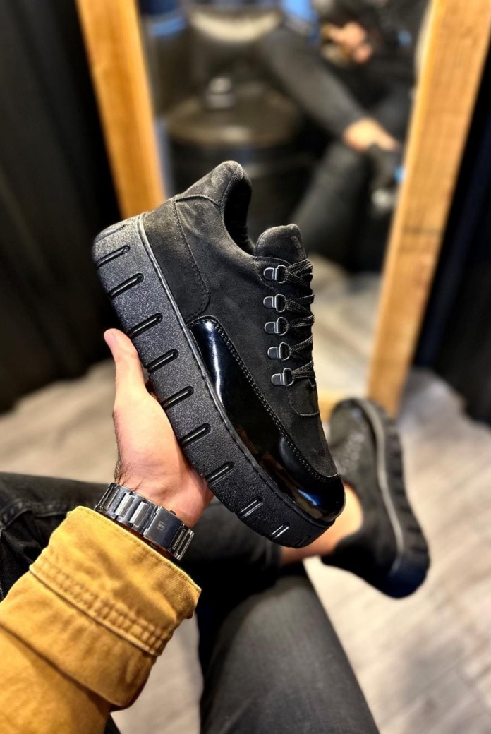 KN600 Erkek Günlük Bağcıklı Süet Cilt Spor Sneaker Ayakkabı SCST - Siyah