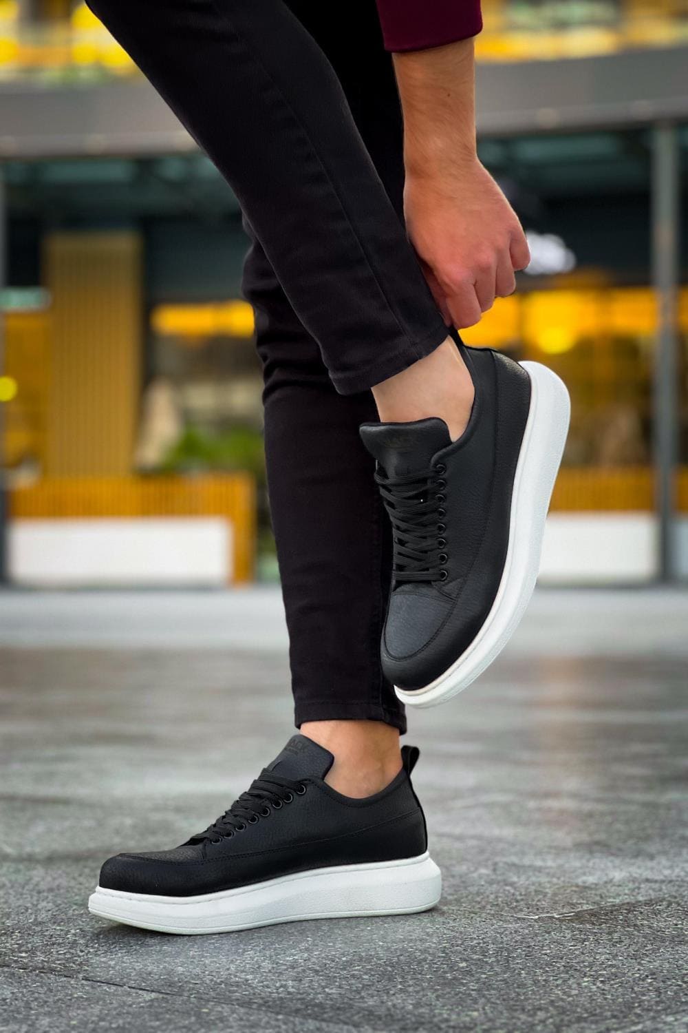 KN814 Erkek Günlük Bağcıklı Cilt Spor Sneaker Ayakkabı CBT - Siyah