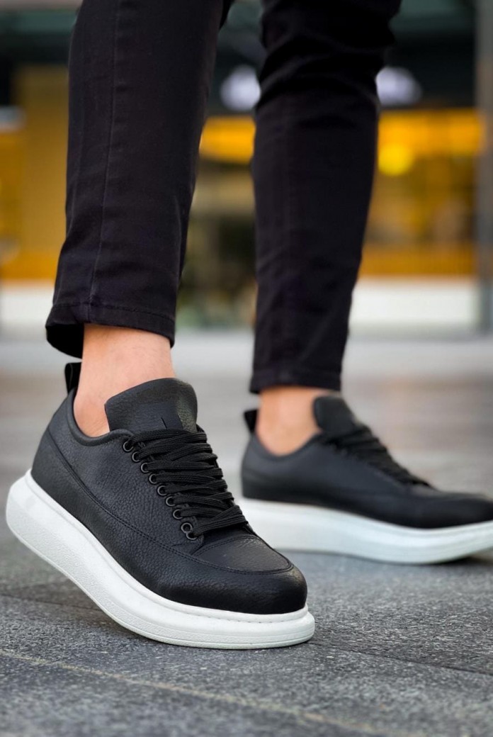 KN814 Erkek Günlük Bağcıklı Cilt Spor Sneaker Ayakkabı CBT - Siyah