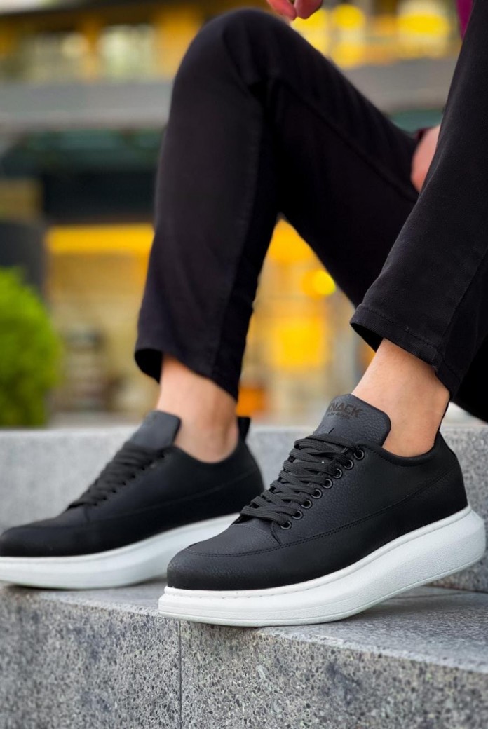 KN814 Erkek Günlük Bağcıklı Cilt Spor Sneaker Ayakkabı CBT - Siyah