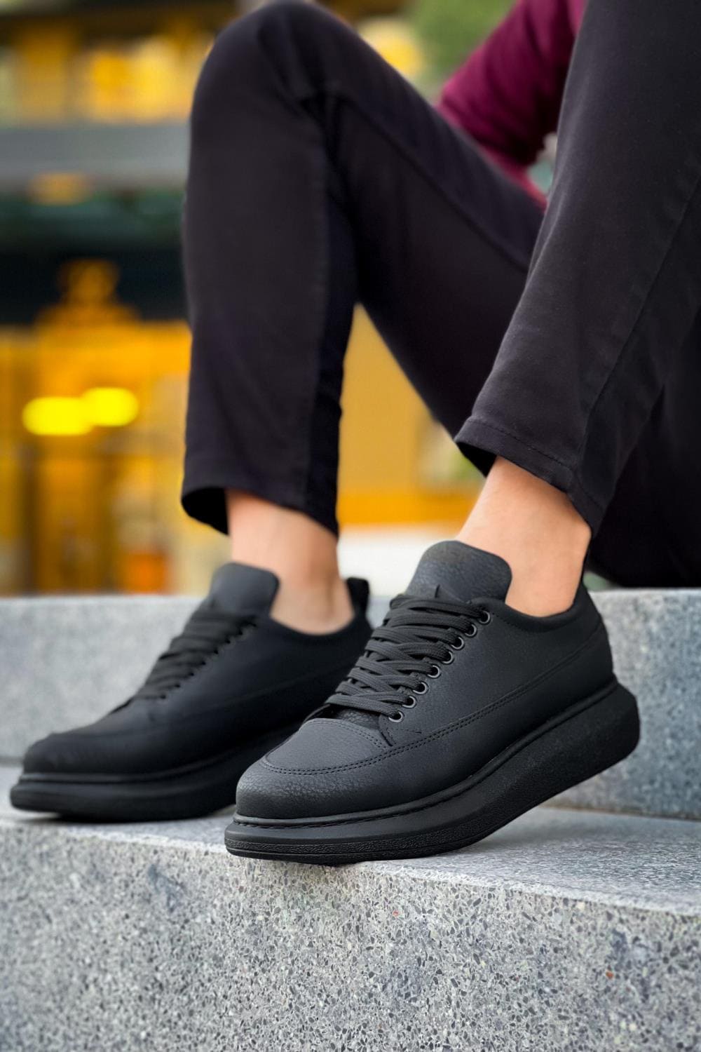 KN814 Erkek Günlük Bağcıklı Cilt Spor Sneaker Ayakkabı CST - Siyah
