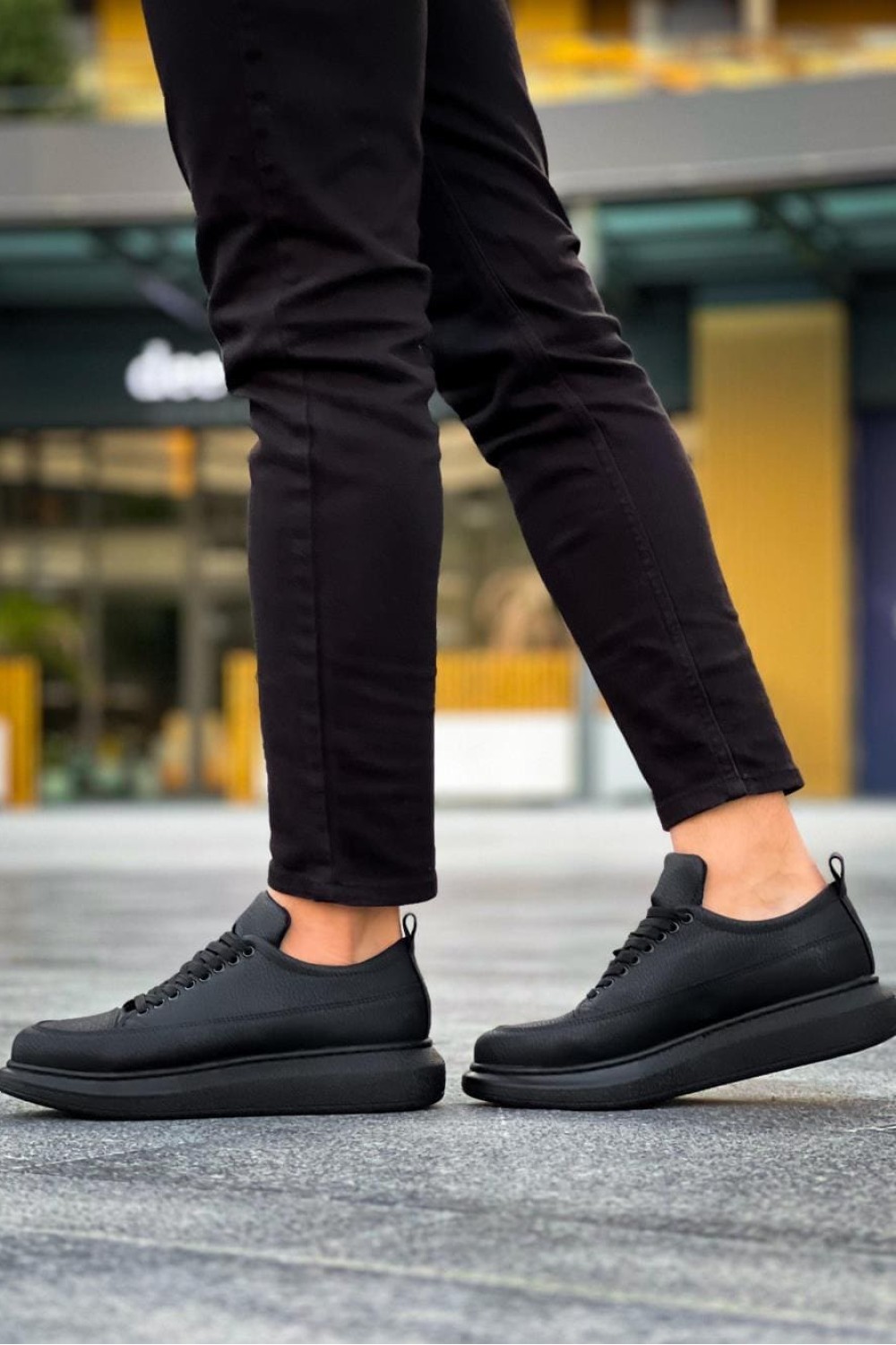 KN814 Erkek Günlük Bağcıklı Cilt Spor Sneaker Ayakkabı CST - Siyah