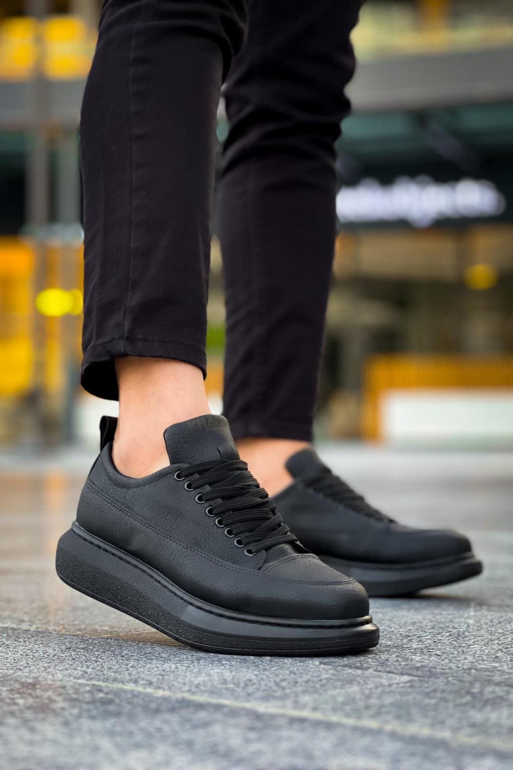 KN814 Erkek Günlük Bağcıklı Cilt Spor Sneaker Ayakkabı CST - Siyah
