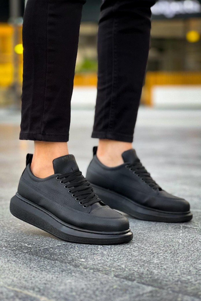 KN814 Erkek Günlük Bağcıklı Cilt Spor Sneaker Ayakkabı CST - Siyah