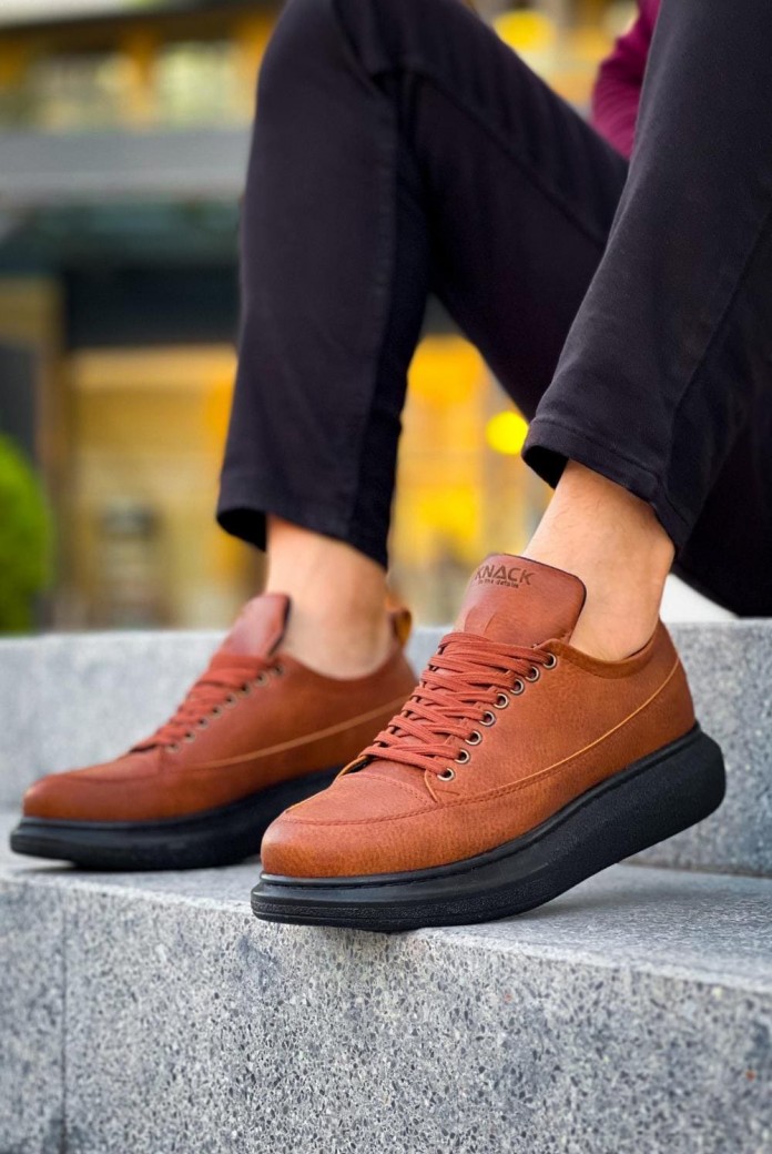 KN814 Erkek Günlük Bağcıklı Cilt Spor Sneaker Ayakkabı CST - Taba