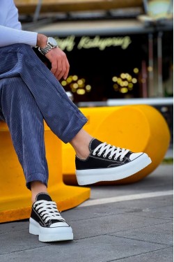 KB-CX3 Erkek Günlük Bağcıklı Keten Kısa Spor Sneaker Ayakkabı KBT - Siyah