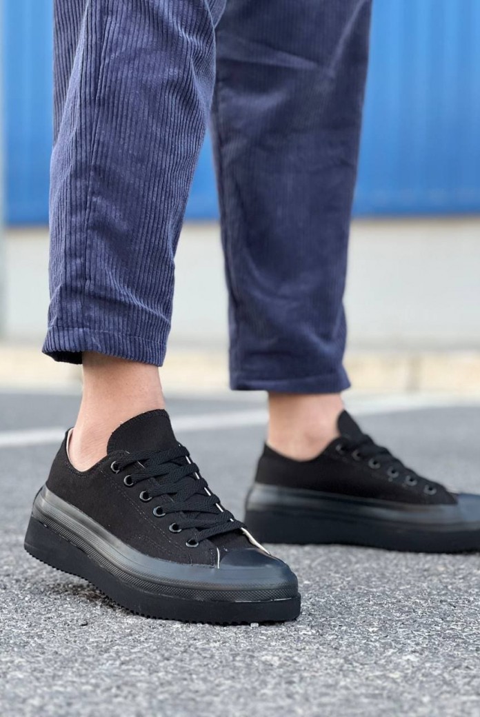 KB-CX3 Erkek Günlük Bağcıklı Keten Kısa Spor Sneaker Ayakkabı KST - Siyah