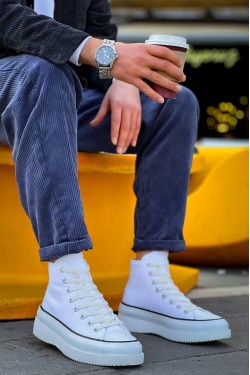 KB-CX3 Erkek Günlük Bağcıklı Keten Uzun Spor Sneaker Ayakkabı KBT - Beyaz