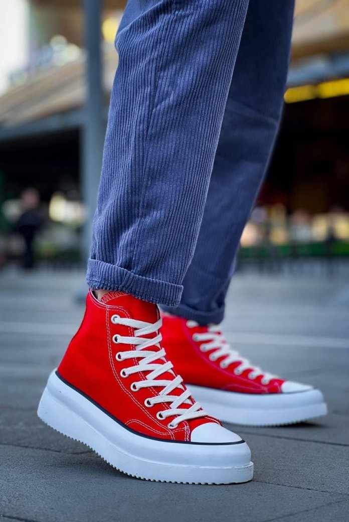 KB-CX3 Erkek Günlük Bağcıklı Keten Uzun Spor Sneaker Ayakkabı KBT - Kırmızı