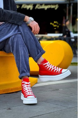 KB-CX3 Erkek Günlük Bağcıklı Keten Uzun Spor Sneaker Ayakkabı KBT - Kırmızı