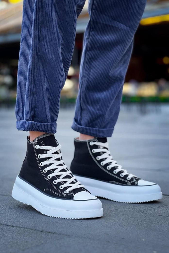 KB-CX3 Erkek Günlük Bağcıklı Keten Uzun Spor Sneaker Ayakkabı KBT - Siyah