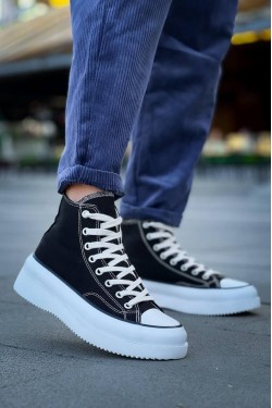 KB-CX3 Erkek Günlük Bağcıklı Keten Uzun Spor Sneaker Ayakkabı KBT - Siyah