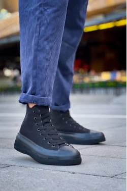 KB-CX3 Erkek Günlük Bağcıklı Keten Uzun Spor Sneaker Ayakkabı KST - Siyah