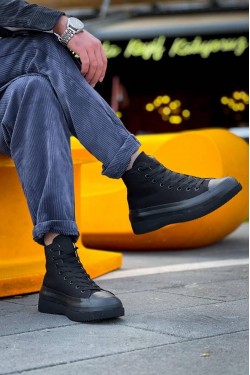 KB-CX3 Erkek Günlük Bağcıklı Keten Uzun Spor Sneaker Ayakkabı KST - Siyah