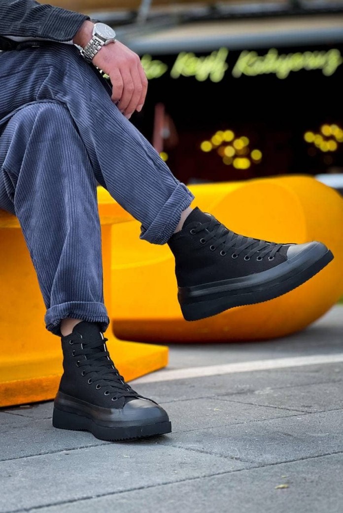 KB-CX3 Erkek Günlük Bağcıklı Keten Uzun Spor Sneaker Ayakkabı KST - Siyah